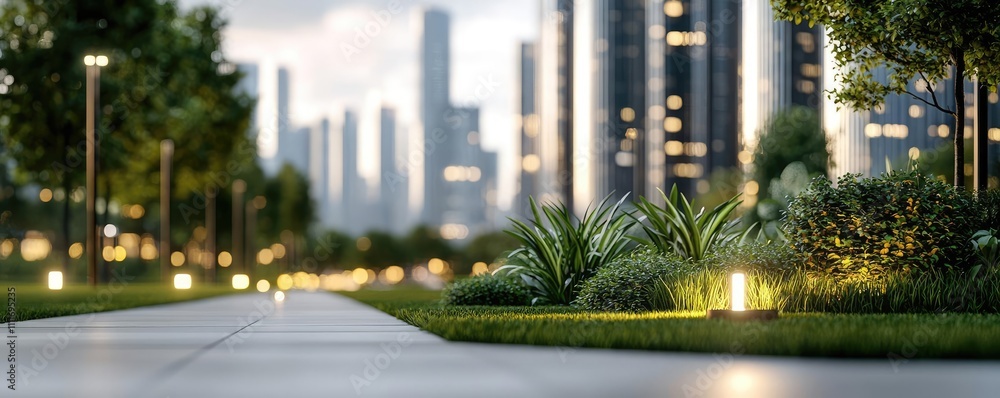 Naklejka premium Modern cityscape with greenery, pathway, and buildings in the background.
