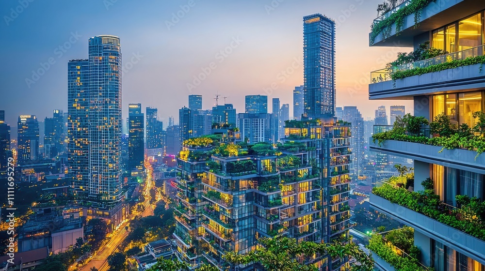 Obraz premium Urban skyline featuring modern buildings and greenery at sunset
