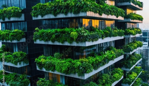 Modern green building with balconies, urban landscape at sunset.