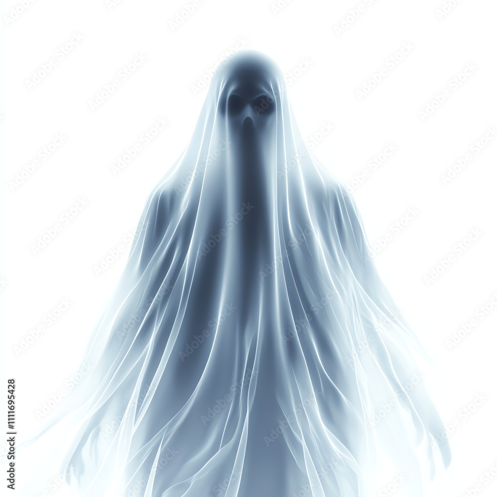 Ethereal ghostly figure with flowing translucent fabric, white isolated background. Ethereal ghostly figure with flowing translucent fabric, white isolated background.