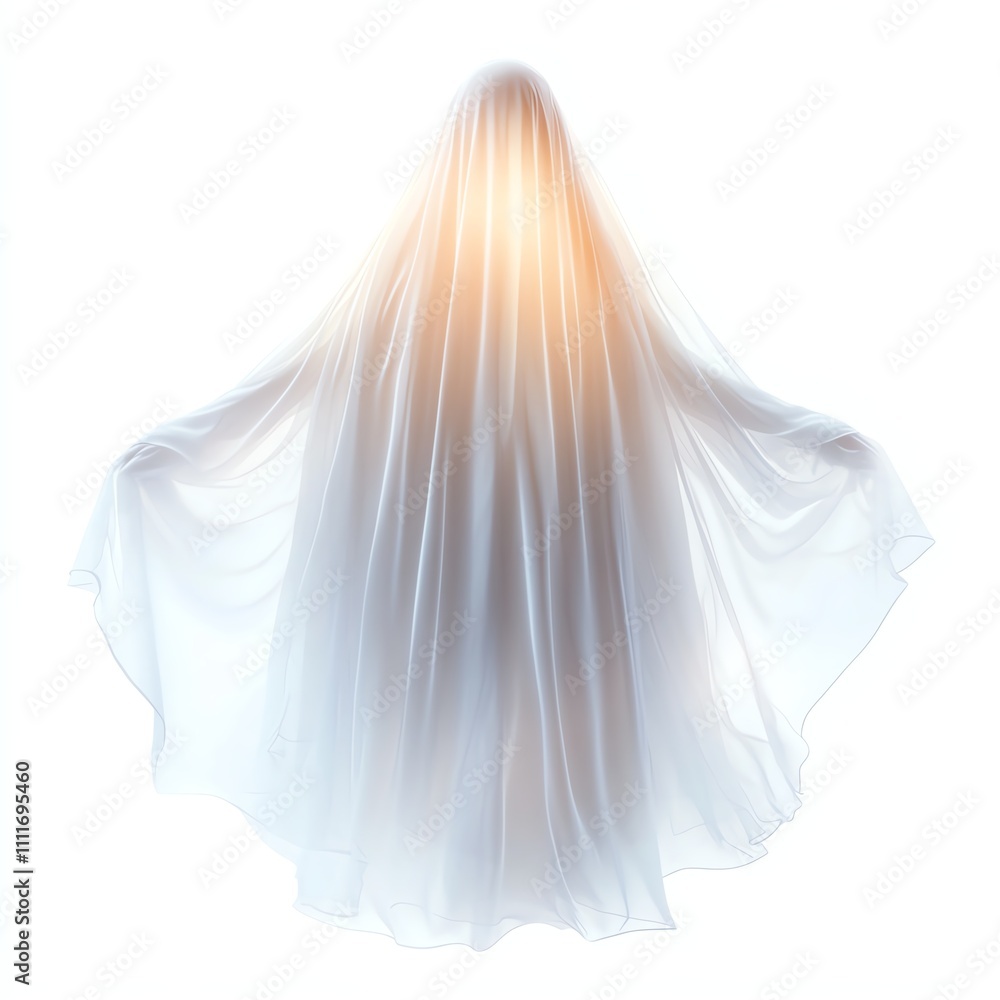 Ethereal ghost figure draped in translucent fabric, white isolate background. Ethereal ghost figure draped in translucent fabric, white isolate background.