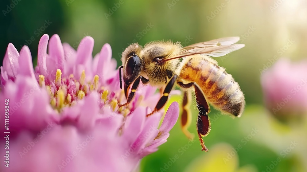 Close-Up of a Honeybee Collecting Nectar from a Vibrant Pink Flower in a Sunlit Garden Setting Close-Up of a Honeybee Collecting Nectar from a Vibrant Pink Flower in a Sunlit Garden Setting