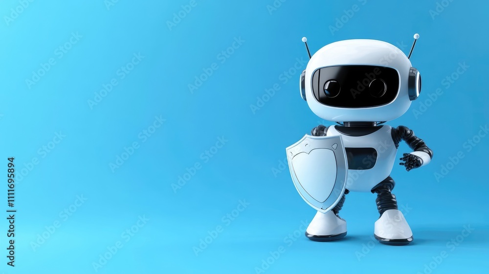 3D Rendering of Cute Robot Character Holding Shield on Blue Background 3D Rendering of Cute Robot Character Holding Shield on Blue Background