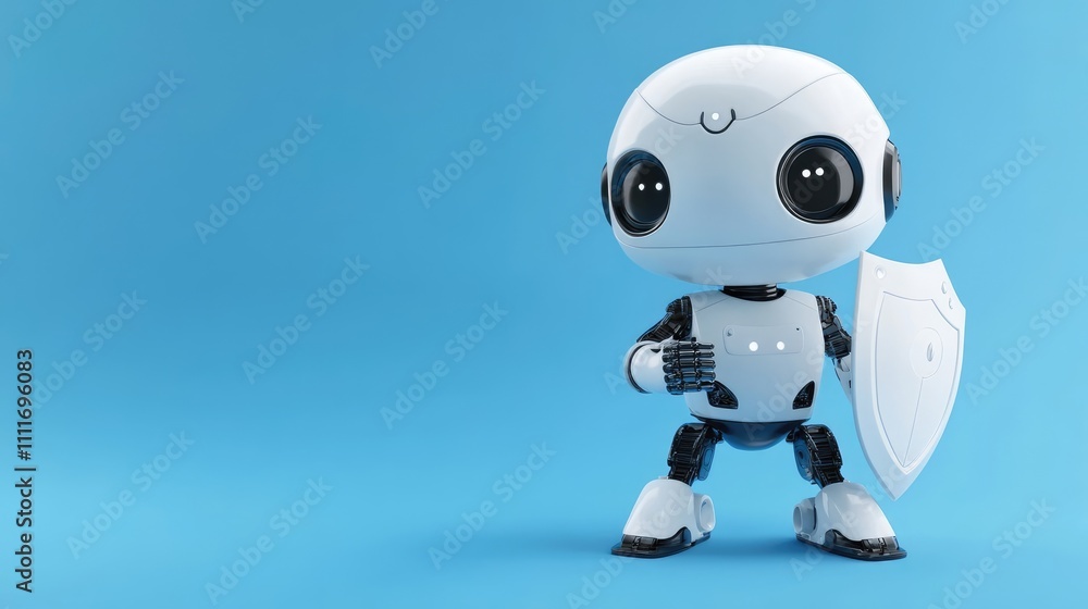 3D Rendering of Cute Robot Character Holding Shield on Blue Background 3D Rendering of Cute Robot Character Holding Shield on Blue Background