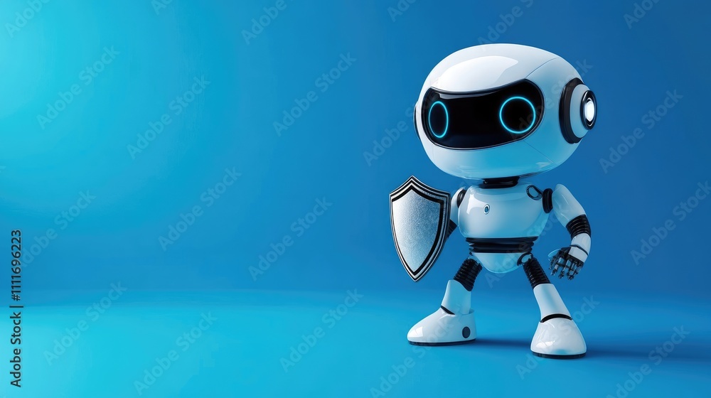 3D Rendering of Cute Robot Character Holding Shield on Blue Background 3D Rendering of Cute Robot Character Holding Shield on Blue Background