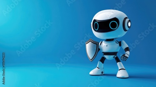 3D Rendering of Cute Robot Character Holding Shield on Blue Background