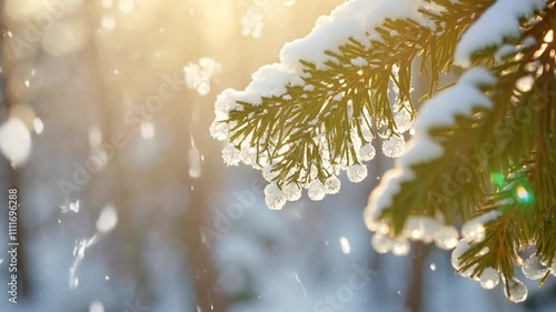 Snow-covered pine branch glistening under golden sunlight in serene winter forest. Nature concept photo