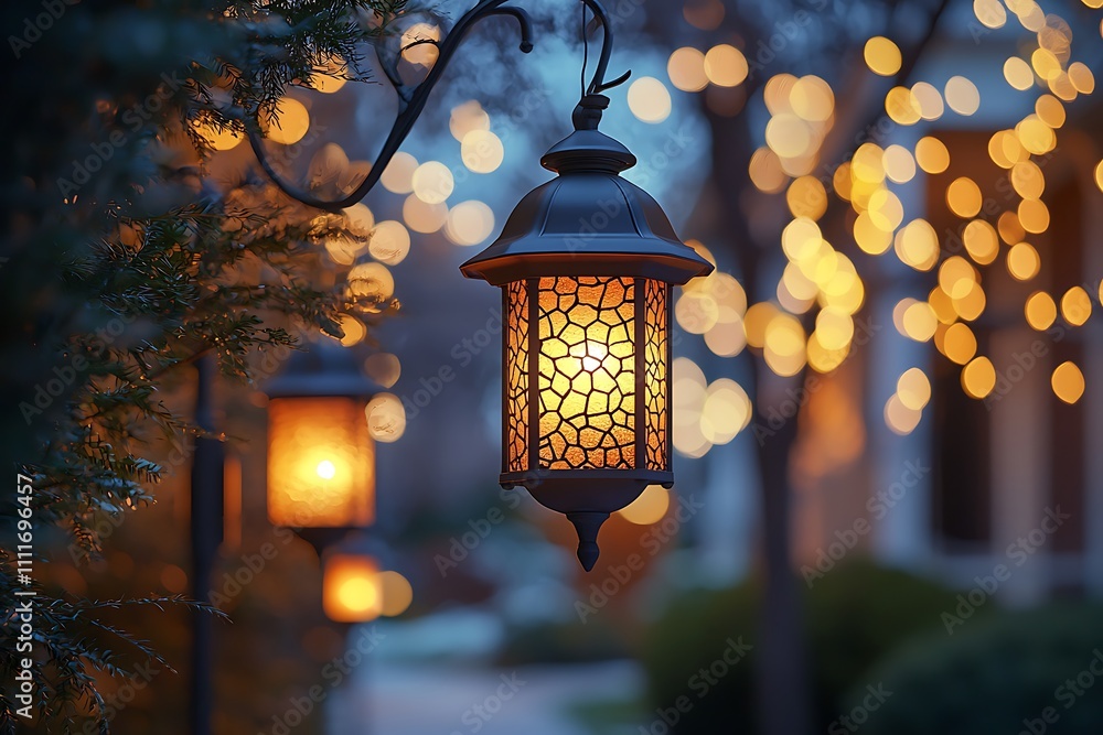 Glowing Lanterns Illuminate Night, Festive Ambiance with Warm Lights Glowing Lanterns Illuminate Night, Festive Ambiance with Warm Lights