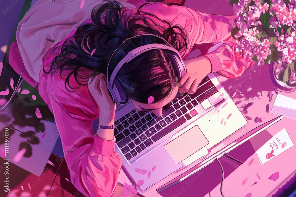 Obraz premium A relaxing scene of a person working on a laptop with noise-canceling headphones on