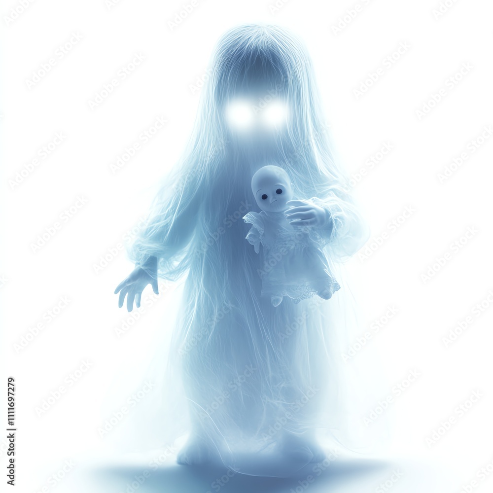 Eerie ghostly figure holding a doll, white isolated background. Eerie ghostly figure holding a doll, white isolated background.