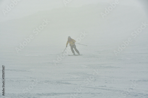 Skiing on puyehue vulcano fast freeride professional photo