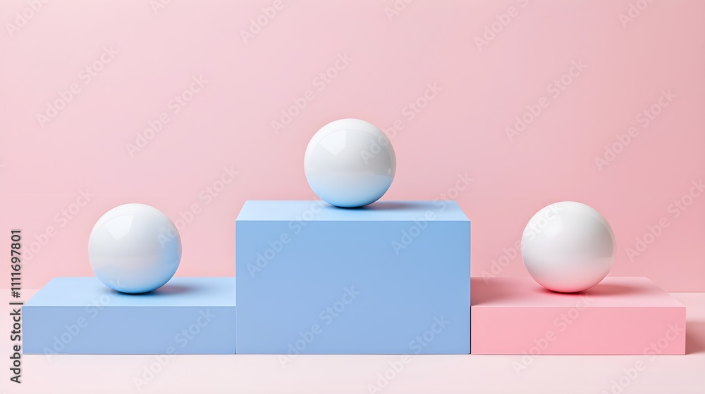 Floating spheres on square steps, vivid blue and pink, sleek minimalist style Floating spheres on square steps, vivid blue and pink, sleek minimalist style