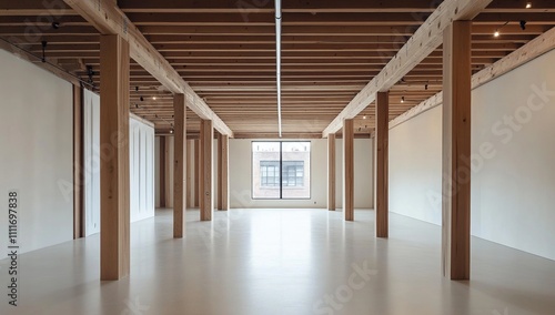 Exploring Modern Minimalist Architecture: Open Space Design with Exposed Wooden Beams and Polished Concrete Floors, Showcasing Clean Lines and Natural Light.