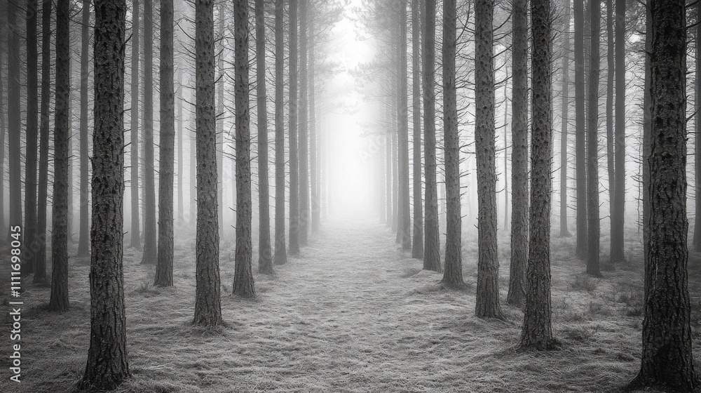 Naklejka premium A Misty Forest Path Lined by Tall Pine Trees