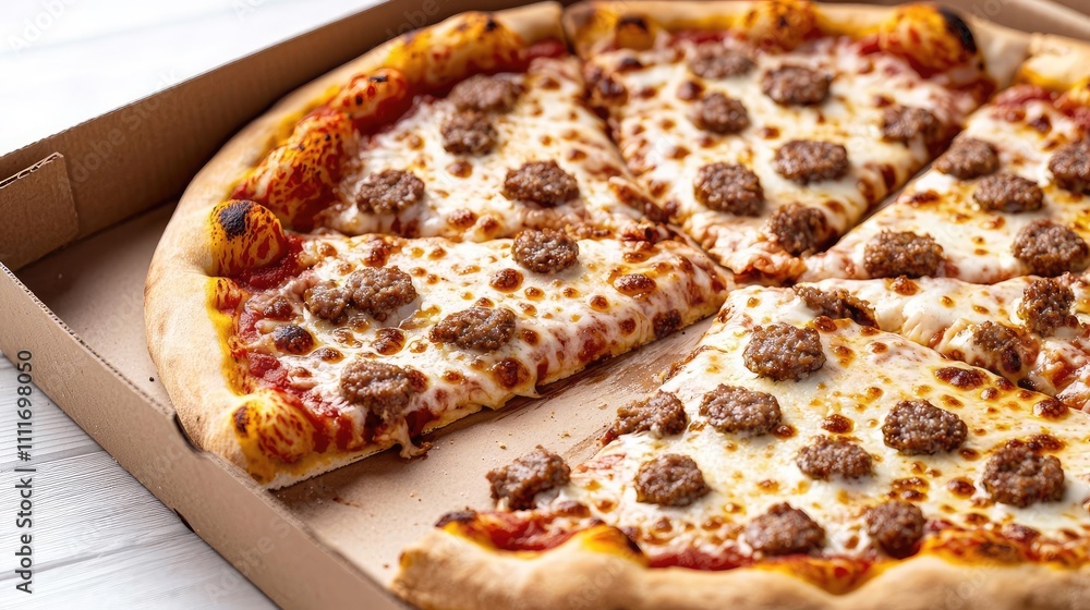 Delicious pizza with cheese and meat toppings, in a cardboard box. Delicious pizza with cheese and meat toppings, in a cardboard box.