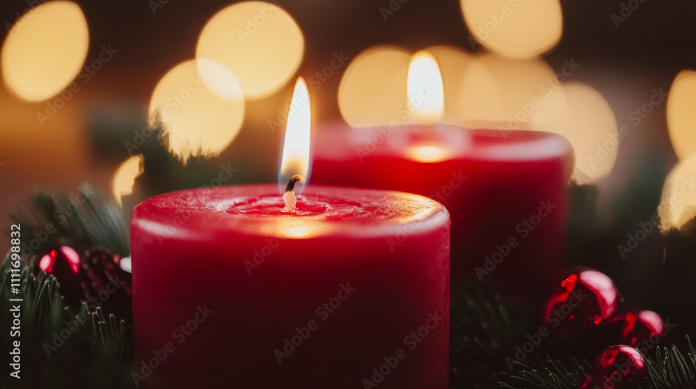 Red candles glowing warmly with pine and ornaments around, bokeh lights in the background. Concept: cozy holiday ambiance. Red candles glowing warmly with pine and ornaments around, bokeh lights in the background. Concept: cozy holiday ambiance.