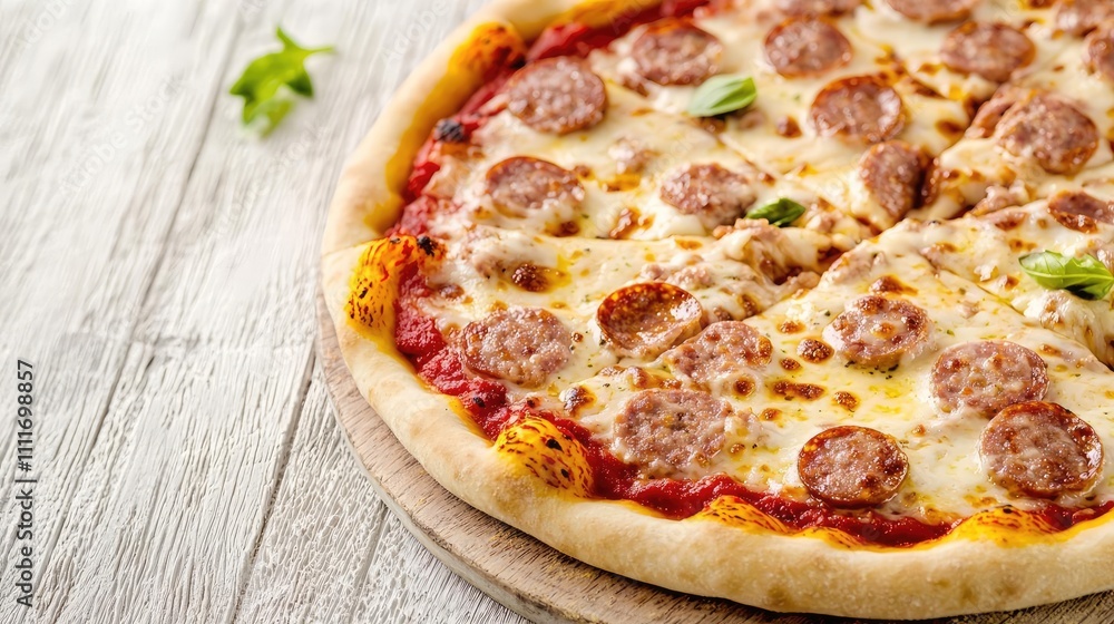 Delicious pizza with sausage and cheese, wooden background. Delicious pizza with sausage and cheese, wooden background.