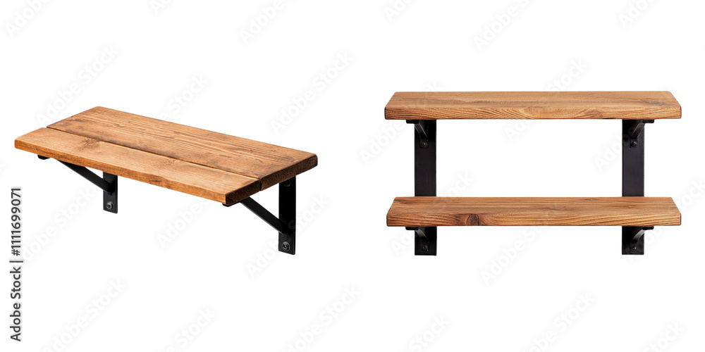 Modern industrial furniture interior design, Two wooden benches with metal supports, showcasing rustic design and craftsmanship. Modern industrial furniture interior design, Two wooden benches with metal supports, showcasing rustic design and craftsmanship.