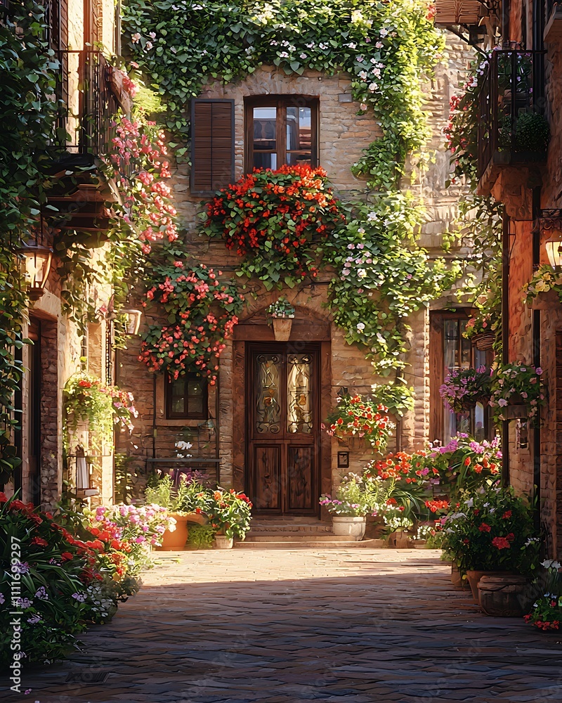 Sunlit Stone Alleyway, Flowers Bloom Brightly Sunlit Stone Alleyway, Flowers Bloom Brightly