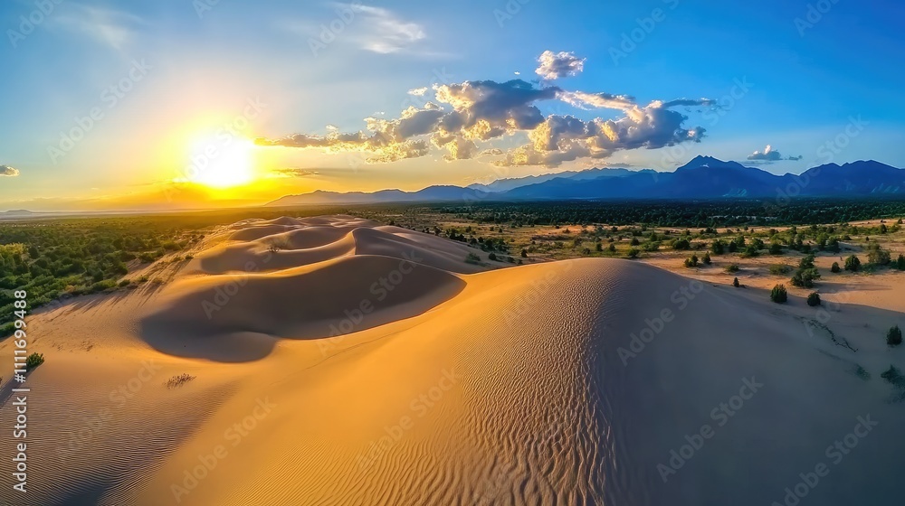 Fototapeta premium Stunning Sunset Over Majestic Sand Dunes with Vibrant Sky and Distant Mountains in Serene Desert Landscape