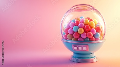 A colorful gumball machine filled with vibrant gumballs against a soft gradient background.