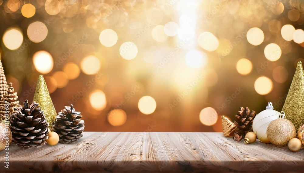 a photo realistic christmas background featuring a festive scene with golden and white decorations, including pinecones and ornaments, set against a golden bokeh background, the image also shows a woo a photo realistic christmas background featuring a festive scene with golden and white decorations, including pinecones and ornaments, set against a golden bokeh background, the image also shows a woo