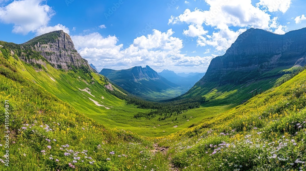 Fototapeta premium Stunning Panoramic View of Lush Green Valley Surrounded by Majestic Mountains Under a Clear Blue Sky with Fluffy White Clouds