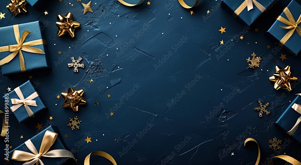 Naklejka premium New Year banner. Christmas gift boxes tied with bows, balls, golden decorations. Season's greetings scene perfect for messages or promo. Xmas frame. Gifts on dark blue. Presents with stars, confetti