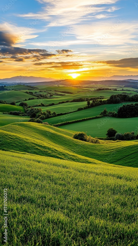Obraz premium Stunning Sunset Over Rolling Green Hills and Fields with Vibrant Sky and Clouds in a Serene Countryside Landscape