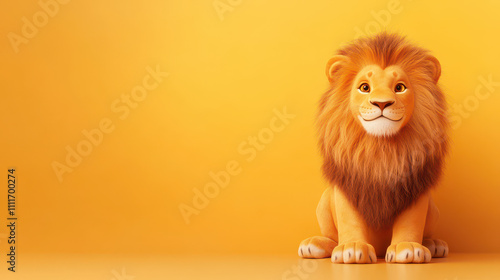 Cute cartoon lion sitting on a vibrant yellow background photo