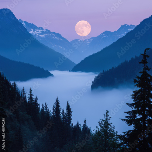 full moon over a misty mountain valley, ethereal light glowing through the mist