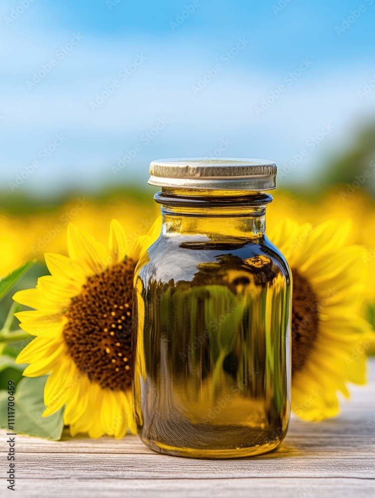 Sunflower Oil Bottle with Vibrant Sunflowers in Bloom Against a Clear Blue Sky on a Wooden Table Sunflower Oil Bottle with Vibrant Sunflowers in Bloom Against a Clear Blue Sky on a Wooden Table