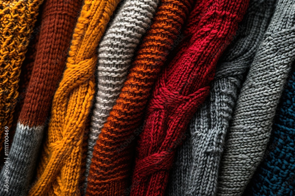 A row of knitted sweaters in various colors and textures A row of knitted sweaters in various colors and textures