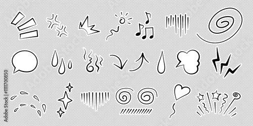 Manga or anime comic emoticon element graphic effects hand drawn doodle vector illustration set isolated on dotted background. Sticker style manga doodle line expression scribble anime mark collection