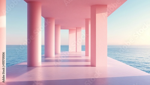 Pink Pillars Architecture by the Ocean  Serene Minimalist Design with Stunning Ocean Views at Sunset