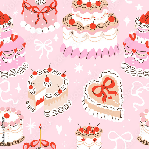 Cute retro cakes seamless pattern with cherries and strawberries in coquette style.Hand drawn nostalgic dessert vector illustration. Funny birthday background, poster, social media banner.