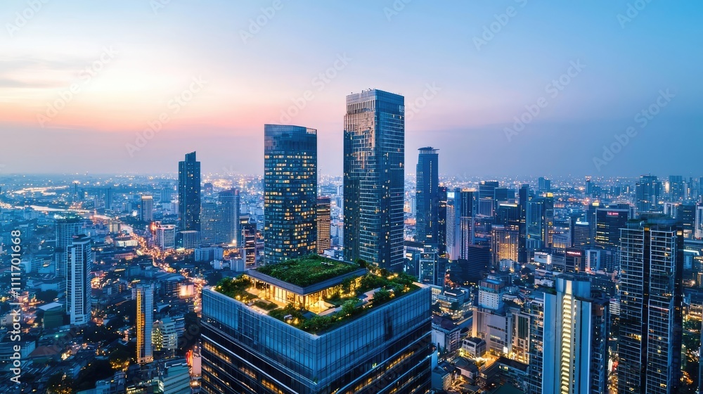 Skyline view of modern city with skyscrapers during sunset. Skyline view of modern city with skyscrapers during sunset.