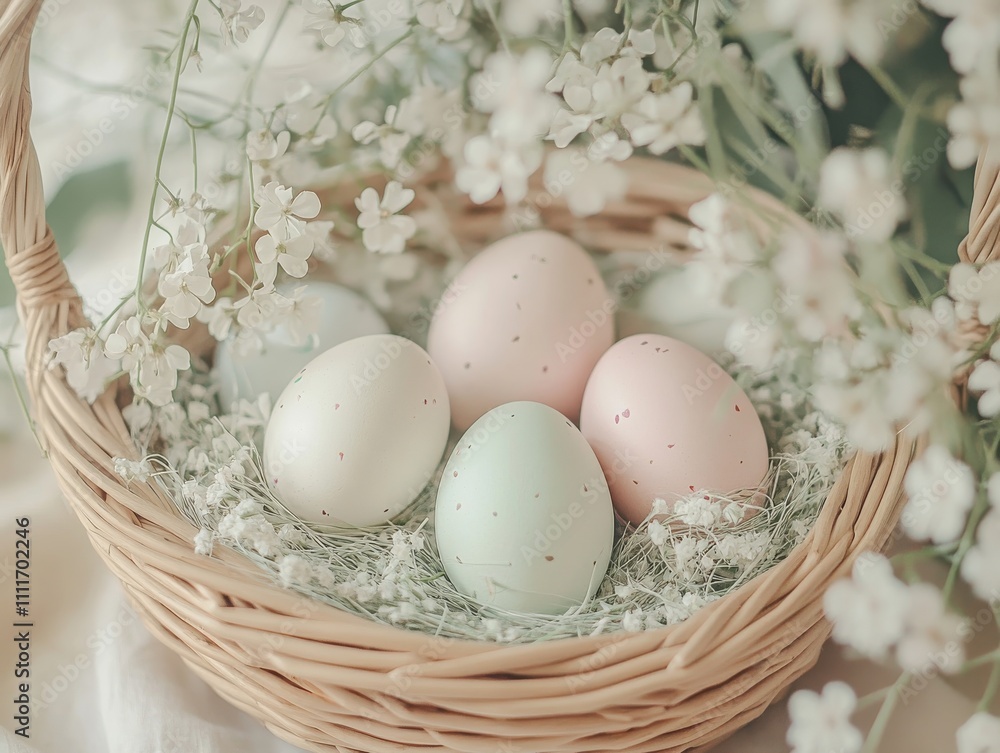 A soothing collection of pastel Easter eggs sits in a basket lined with flowers and greenery, evoking calmness. A soothing collection of pastel Easter eggs sits in a basket lined with flowers and greenery, evoking calmness.