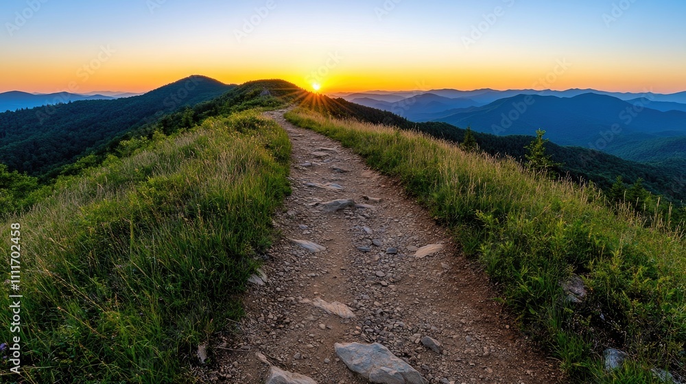Fototapeta premium Stunning Sunrise Over Mountain Trail with Lush Greenery and Rolling Hills in the Background
