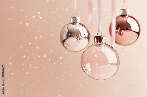 Winter and Christmas background. 3 transparent pink glass ornaments hanging on long soft pink ribbons against pink background with white sparkles bokeh. Copy space. 
 photo