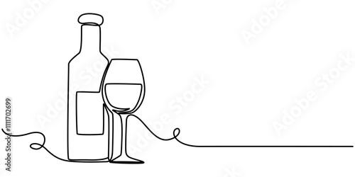 Wine glass and bottle one continuous line drawing vector illustration. Pro vector, Wine bottles illustration, Wine Bottle Continuous Vector Line Icon, Single line drawing of a wine glass, Continuous.