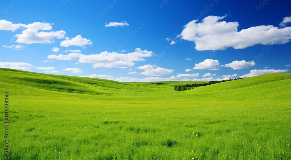 Vast green field under a vibrant blue sky. Concept of nature, peace, and tranquility. Vast green field under a vibrant blue sky. Concept of nature, peace, and tranquility.