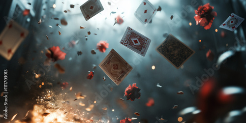 A group of objects floating in mid-air, such as cards, balls, or flowers, each leaving a trail of light behind them as they hover.