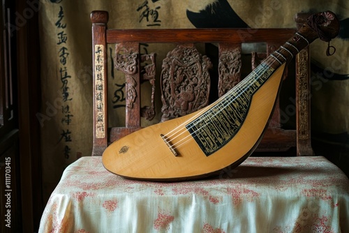 Ornate lute rests on patterned cloth, wooden chair backdrop. photo