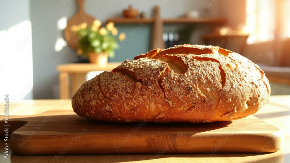 Freshly Baked Artisan Bread on Rustic Wooden Cutting Board in Cozy Kitchen Setting, Perfect for Home Baking Enthusiasts Freshly Baked Artisan Bread on Rustic Wooden Cutting Board in Cozy Kitchen Setting, Perfect for Home Baking Enthusiasts