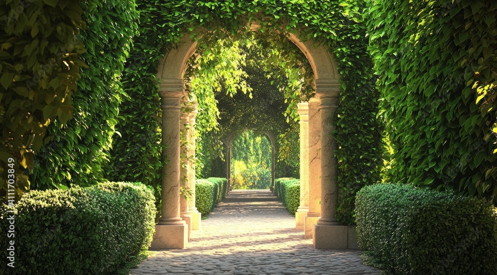 A fantasy backdrop featuring an ancient Greek archway covered in lush greenery, with columns on either side leading into the distance, creating a mysterious and enchanting atmosphere A fantasy backdrop featuring an ancient Greek archway covered in lush greenery, with columns on either side leading into the distance, creating a mysterious and enchanting atmosphere