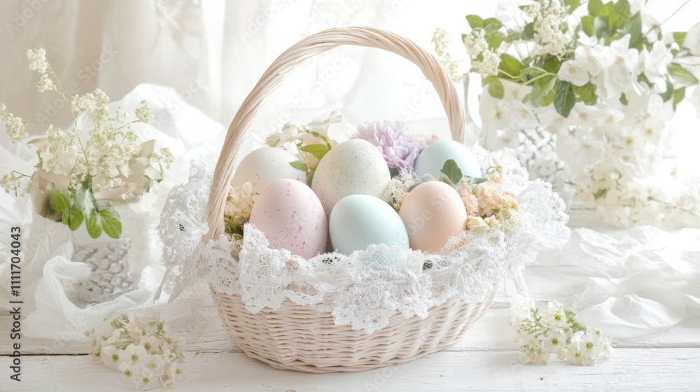 A beautifully arranged basket filled with pastel Easter eggs and delicate flowers, perfect for spring festivities. A beautifully arranged basket filled with pastel Easter eggs and delicate flowers, perfect for spring festivities.