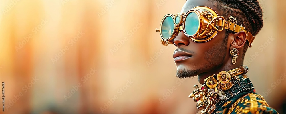 Stylish individual wearing unique sunglasses and accessories, vibrant background. Stylish individual wearing unique sunglasses and accessories, vibrant background.