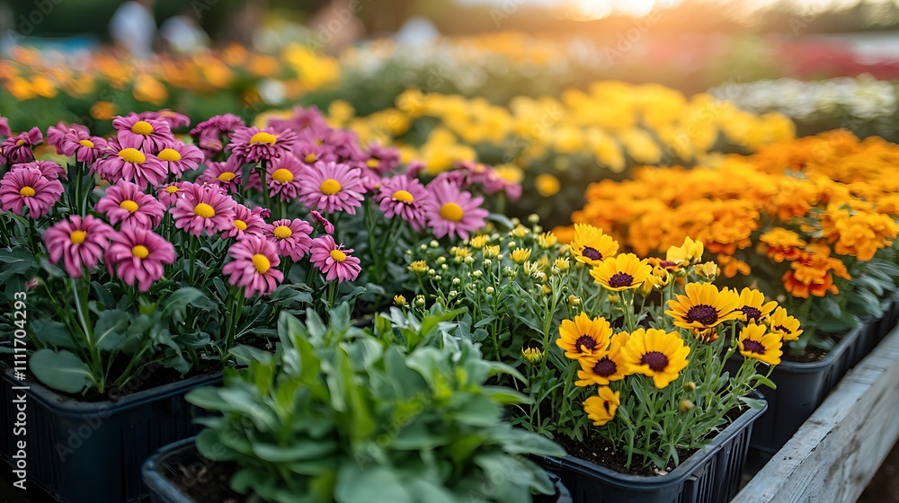 Vibrant Blooms: Yellow, Purple Flowers in Pots Vibrant Blooms: Yellow, Purple Flowers in Pots