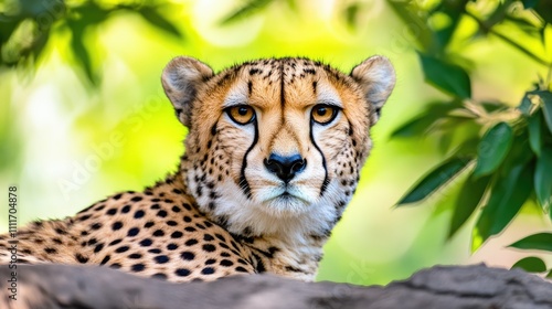 Majestic Cheetah Resting in Lush Greenery with Intense Gaze Captured in Vibrant Detail and Natural Habitat